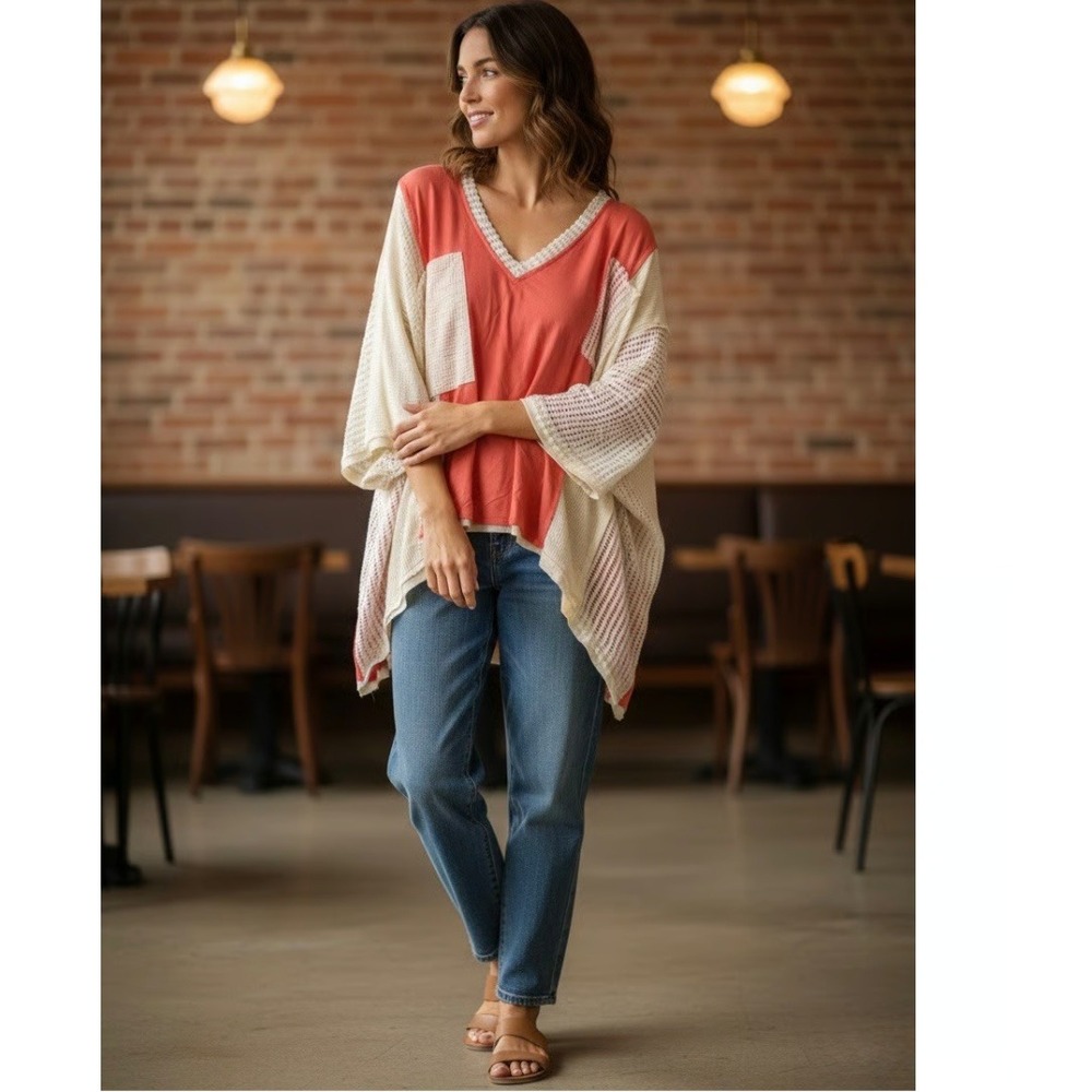 POL Women Cotton Patchwork Top S Coral Cream Boho Oversized Mixed Media V-Neck